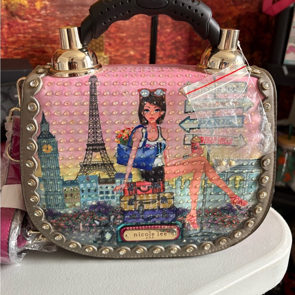Nicole Lee Pink and Black Mini Bag with Cityscape Design